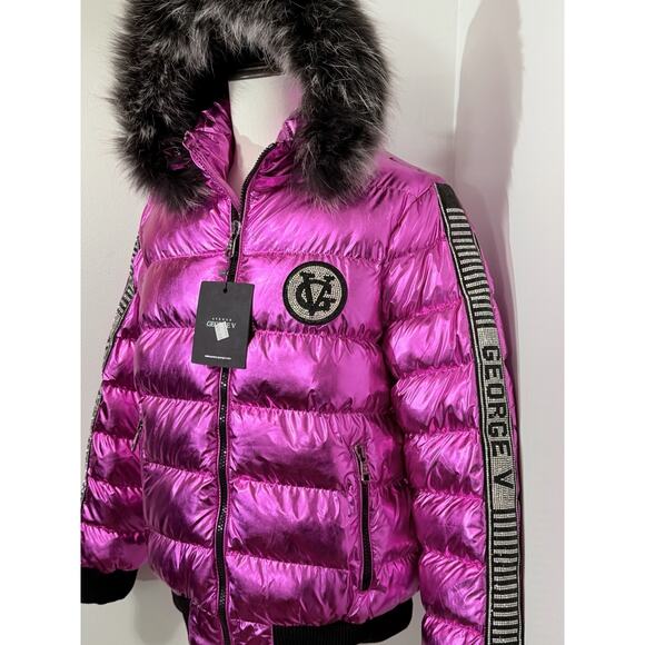NEW Avenue George V Paris Puffer Jacket Hooded Fur Rhinestone Pink LARGE $650 - Picture 2 of 9